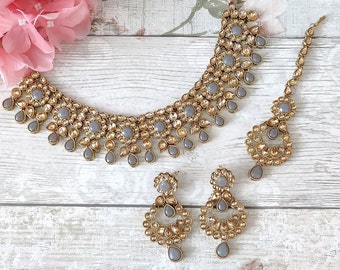 Grey Antique Gold Kundan Stone Flexible Indian Necklace Jewellery Jewelry Set Wedding