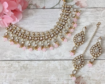 Gold Silver Baby Pink Kundan Stone Flexible Indian Necklace Jewellery Jewelry Set Bridal Wedding