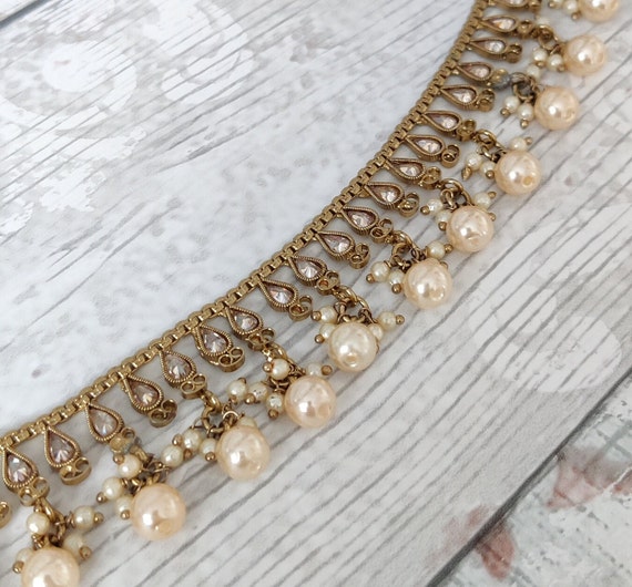 Adjustable Antique Gold Pearl Polki Stone Indian Asian Bridal Saree Sari  Belt Waist Belt Chain Wedding 
