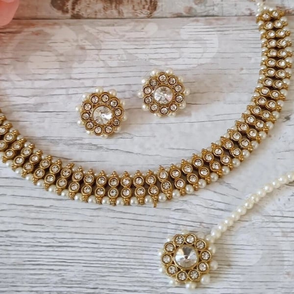 Simple Gold Silver Kundan Stone Flexible Indian Necklace Jewellery Jewelry Set Bridal Wedding