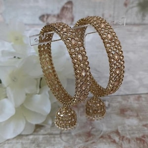 Pair of Antique Gold Polki Stone Jhumki Drop Indian Asian Kangan Bangles Churiya Gajrey