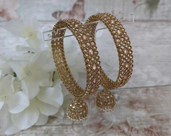 Pair of Antique Gold Polki Stone Jhumki Drop Indian Asian Kangan Bangles Churiya Gajrey