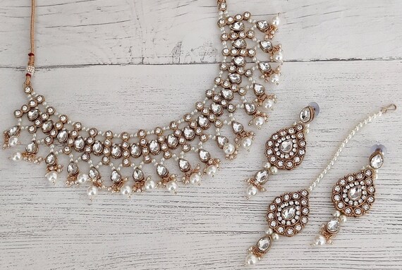 Gold Silver Pearl Kundan Stone Flexible Indian Necklace Jewellery Jewelry  Set Bridal Wedding