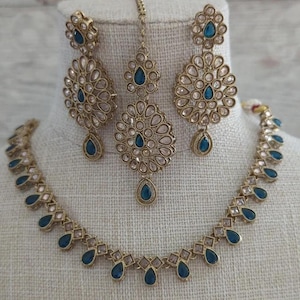 Teal Blue Antique Gold Kundan Stone Flexible Indian Necklace Jewellery Jewelry Set Bridal Wedding