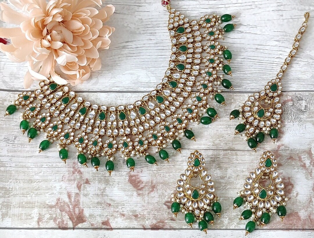 Green Gold Silver Stone Flexible Indian Necklace Jewellery Jewelry