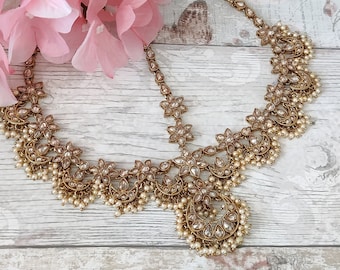 Antique Gold Polki Stone Pearl Bridal Indienne Asiatique Matha Patti Headpiece Head Chain Wedding