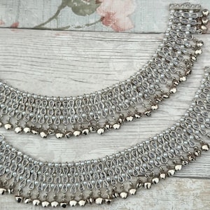 Pair of Full Silver Polki Stone Indian Asian Payals Anklets with Bells Bridal Wedding