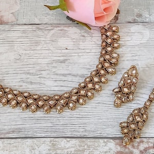 Antique Gold Kundan Stone Flexible Indian Necklace Jewellery Jewelry Set Bridal Wedding