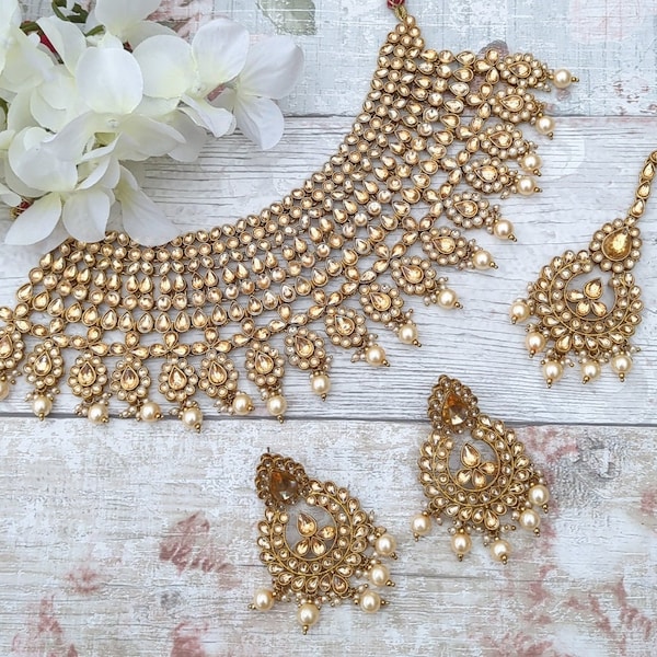 Antique Gold Statement Indian Asian Bridal Necklace Jewellery Jewelry Set