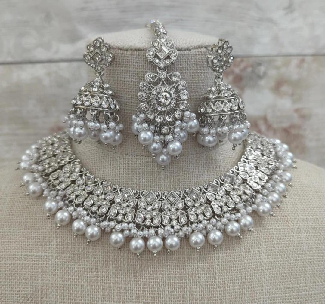 Full Silver Crystal Polki Stone Neckline Indian Asian Jewellery