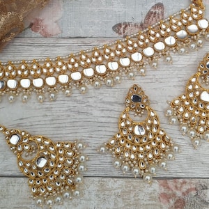 Gold Silver Kundan Style Indian Necklace Jewellery Jewelry Set Bridal Wedding