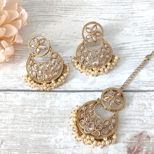 Antique Gold Lightweight Polki Stone Small Indian Asian Tikka Earring Sets in lots of Colours