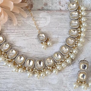 Gold Silver Foil Kundan Pearl Flexible Choker or Necklace Jewellery Set Bridal Wedding Party