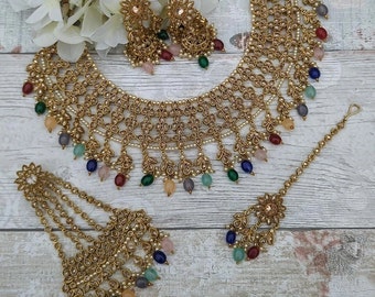 Multi Coloured Antique Gold Polki Stone Bridal Necklace Set with Earrings, Tikka Headpiece & Jhoomer Pasa Wedding