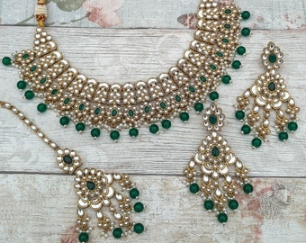 Green Gold Silver Kundan Style Stone Indian Necklace Jewellery Jewelry Set Bridal Wedding