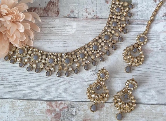 Grey Antique Gold Kundan Stone Flexible Indian Necklace Jewellery Jewelry  Set Wedding