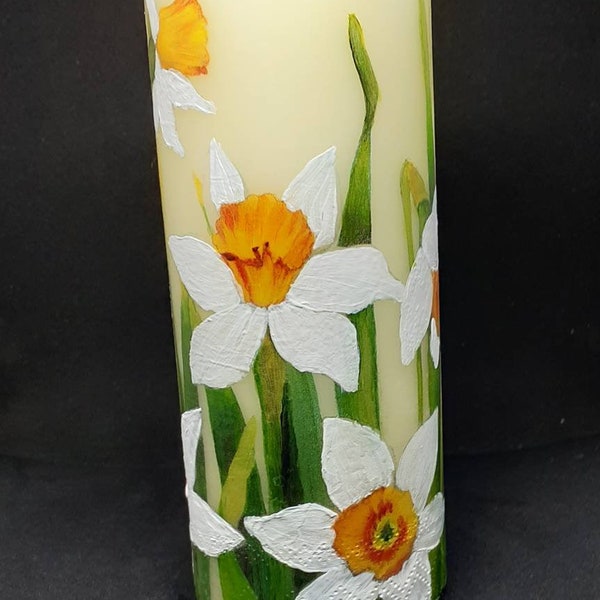 Daffodil Spring candle floral gift elegant pretty lemon fresh candle Handpainted pillar candle Welsh flower candle daffodils narcissi decor