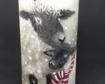 Winter Sheep hand painted candle Winter sheep gift snow Christmas candle  sheep Christmas candle cute lamb candle sheep and ewe candle gift