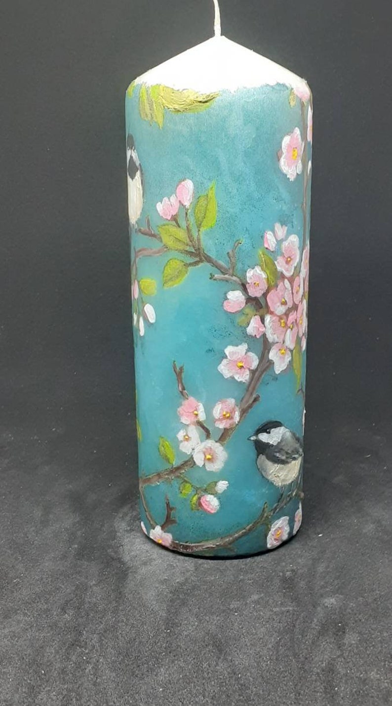 Cherry blossom and coal tit birds candle.Unique,unusual hand painted Pillar candle.