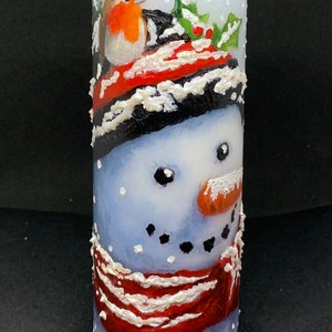 Twee roodborstjes sneeuwpopkaars. Handgeschilderd uniek en ongewoon kerstcadeau.