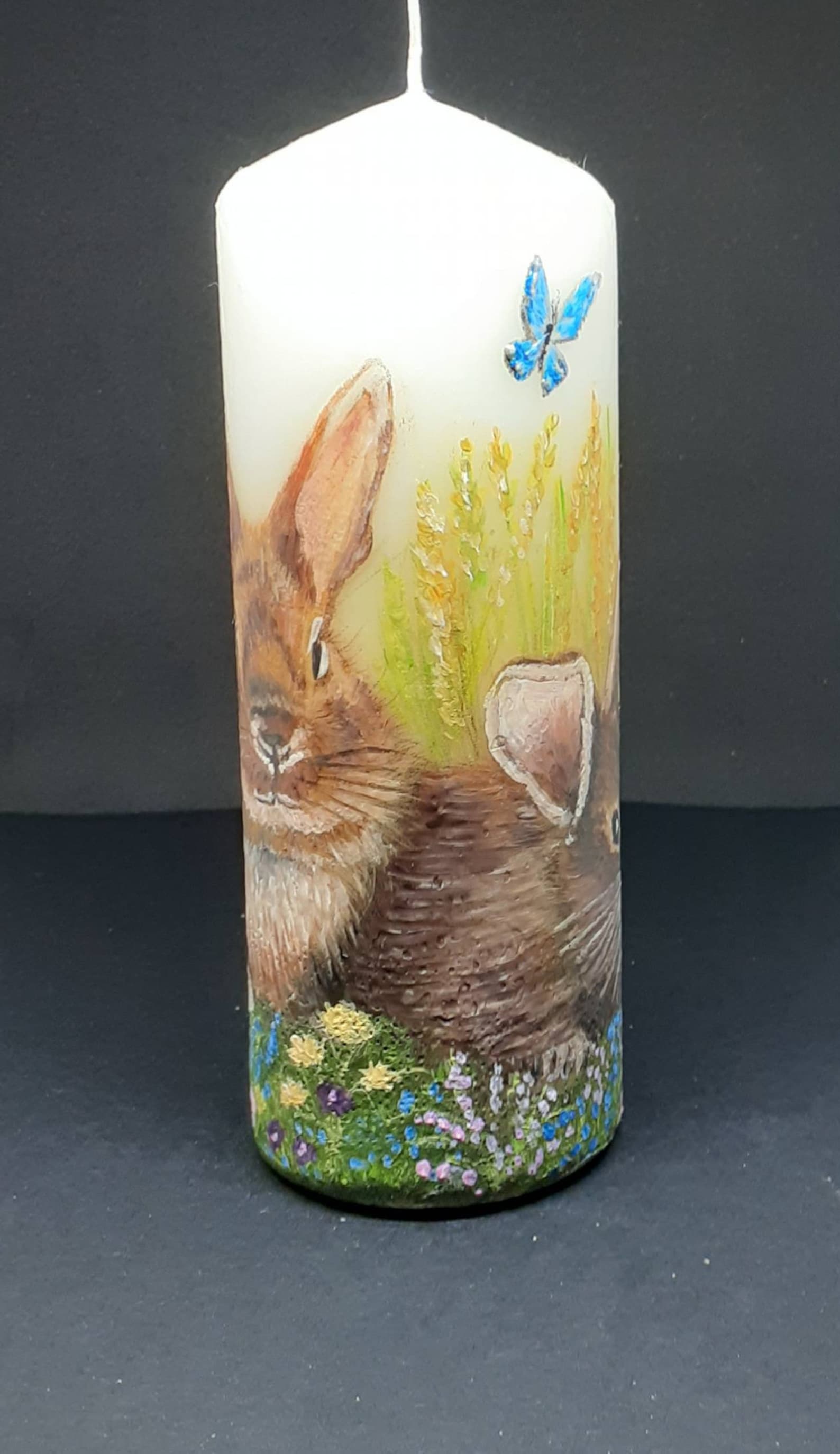 Rabbits in a Wild Flower Meadow Candle .hand Painted Pillar Etsy