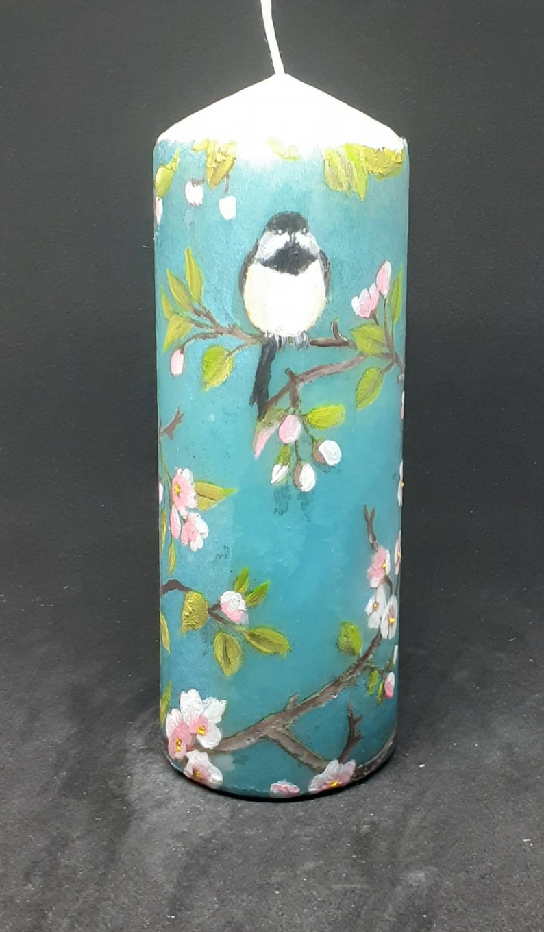 Cherry blossom and coal tit birds candle.Unique,unusual hand painted Pillar candle.