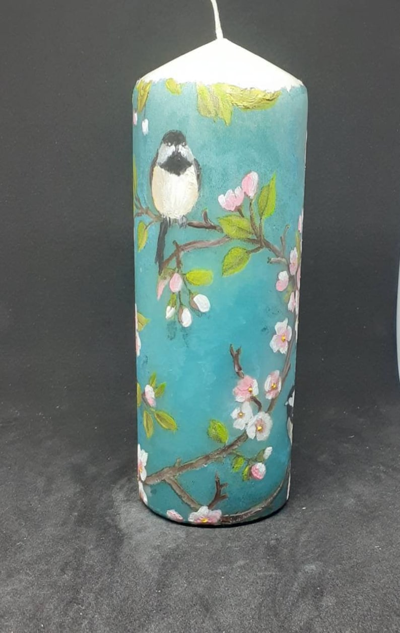 Cherry blossom and coal tit birds candle.Unique,unusual hand painted Pillar candle.