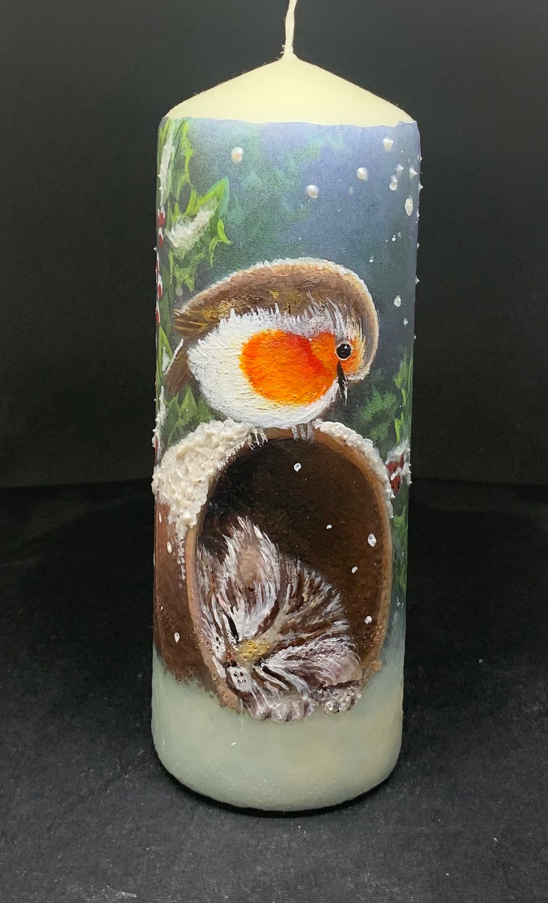 Hand Painted Robin and Kitten Christmas Candle, 3D Snow - Etsy