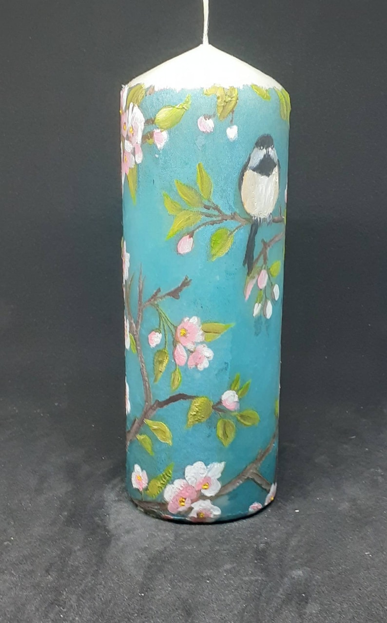 Cherry blossom and coal tit birds candle.Unique,unusual hand painted Pillar candle.