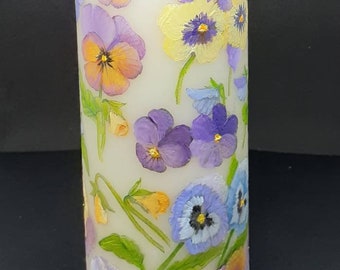 Hand Painted Pansies and Viola Candle, Spring Floral Decor