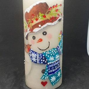 Snowman red robin winter garden 3D hand painted pillar candle Christmas snowman candle Winter snow robin candle Christmas  red Robin gift