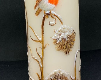 Robins in Winter hand painted pillar candle. A unique and unusual gift .