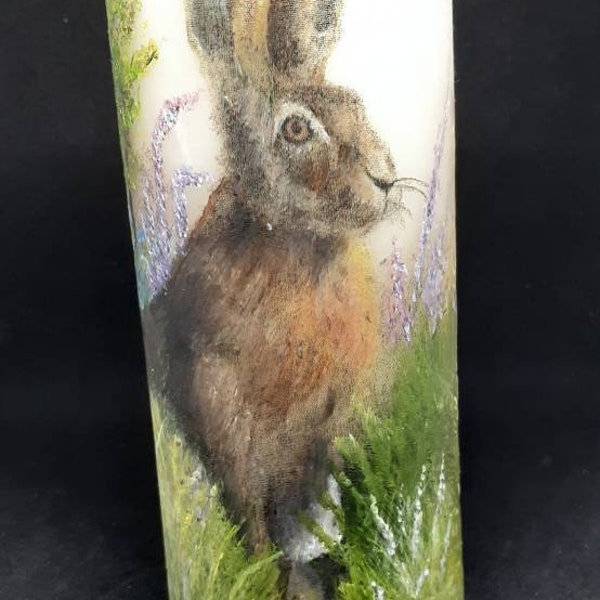 Hare in a Bluebell Meadow - Handpainted pillar candle