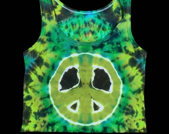 Made to order Hand dyed green earth toned peace sign  tie dye crop tank. Hippie green tank top