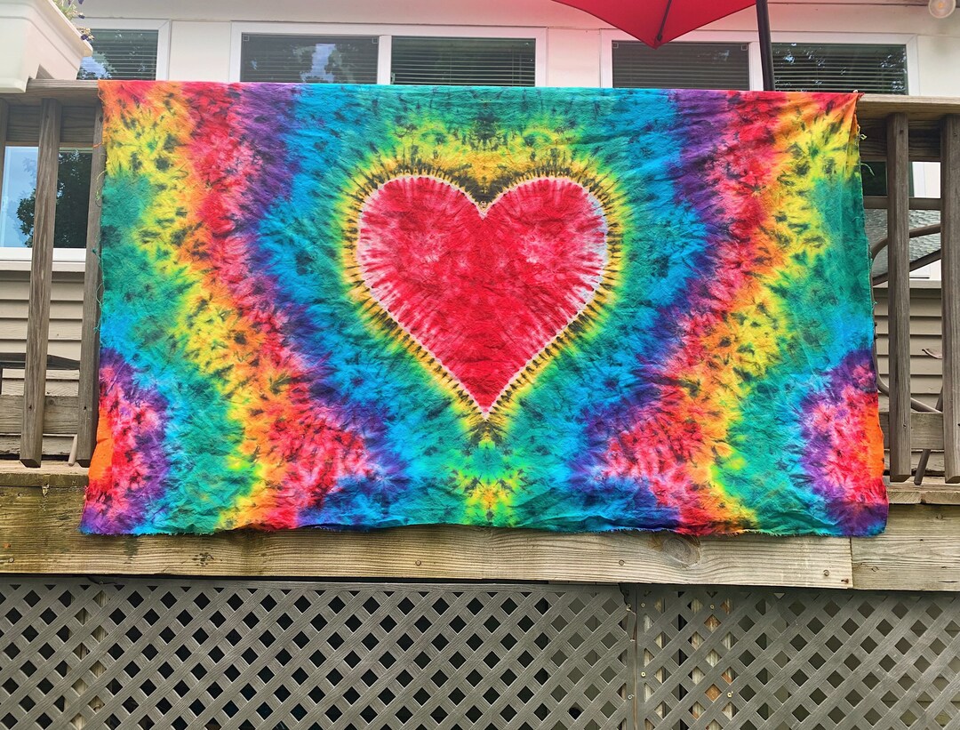 Hand Dyed Tie Dye Rainbow Heart Tapestry. Made to Order Hippie