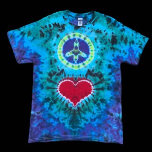 Hand dyed peace and love Tie dye T-shirt, blue tie dye, peace sign tie dye , heart tie dye , hippie tee, psychedelic shirt, size M