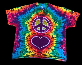 Camiseta teñida con arcoíris, símbolo de la paz y corazón, hecha a medida. Camiseta hippie psicodélica tallas S-3XL