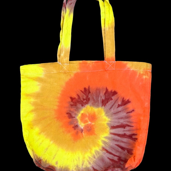 yellow and orange tie dye spiral tote bag, summer tie dye, tie dye tote, hand made tie dye, hand made tote bag, sunset tie dye, hippie gift