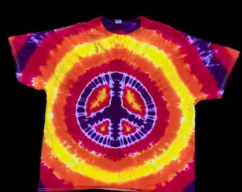 Camiseta de signo de paz teñida a mano teñida a mano, ropa hippie, top de signo de paz, tinte de corbata de gran tamaño, púrpura, amarillo, naranja, rosa atado
