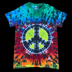 Tie dye peace sign T-shirt, rainbow and black tie dye peace sign top, shirt for hippies, size small tie dye tee, hand dyed hippie clothing