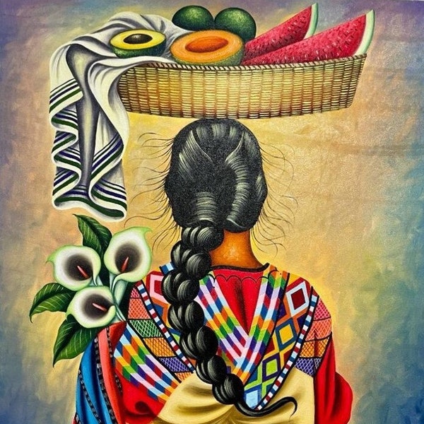 Original Oil Painting of Indigenous Woman/Guatemala Art/Mayan Painting/Indigenous art/Latin American Art on Canvas/Naïve Art/Wall Art Decor