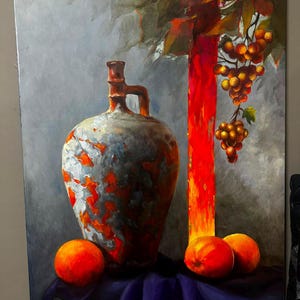 May include: An oil painting depicting a textured, mottled gray and orange ceramic jug centered on a dark purple cloth. To the right, a vibrant vertical red stripe stands behind a cluster of golden grapes, with three round orange fruits at the base.
