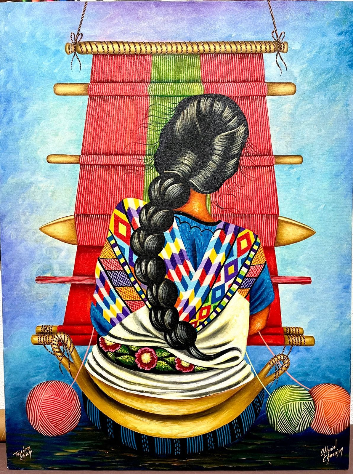 伝統的な老人と美女の人物像の絵画イラン製 Original Oil Painting of Indigenous Woman/Guatemala Art