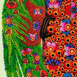 May include: A vibrant painting depicting a large green bird composed of numerous small figures in colorful clothing, interacting with a tree trunk filled with orange circular objects and additional figures, set against a light green background.
