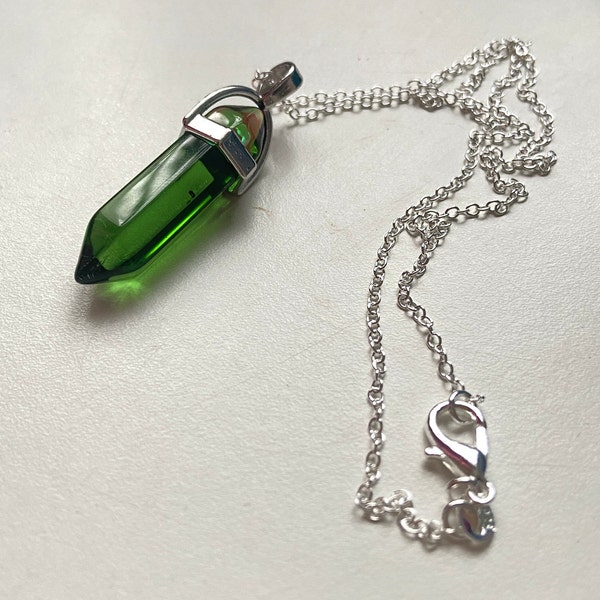 Green glass point pendant necklace on stainless steel chain or waxed cord