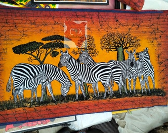 Zebra Batik, Zebra Family Batik, Animaux sauvages Batik, Décorations murales, Décoration intérieure, Décors faits à la main, Œuvres d’art, Batik africain kenyan, Cadeau