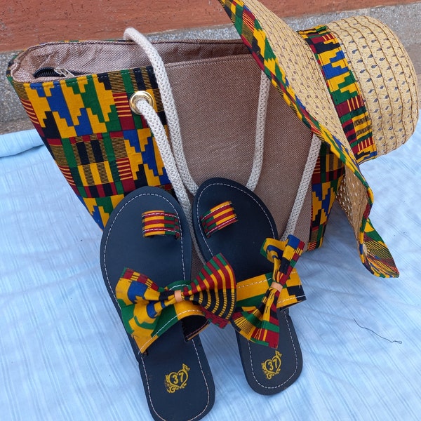 Ankara Set, Ankara Handbag, Ankara Sandals, Ankara Summer Hats, Ankara Beach Hats, Masai Sandals, Beaded Sandals, Female Sandals, Leather