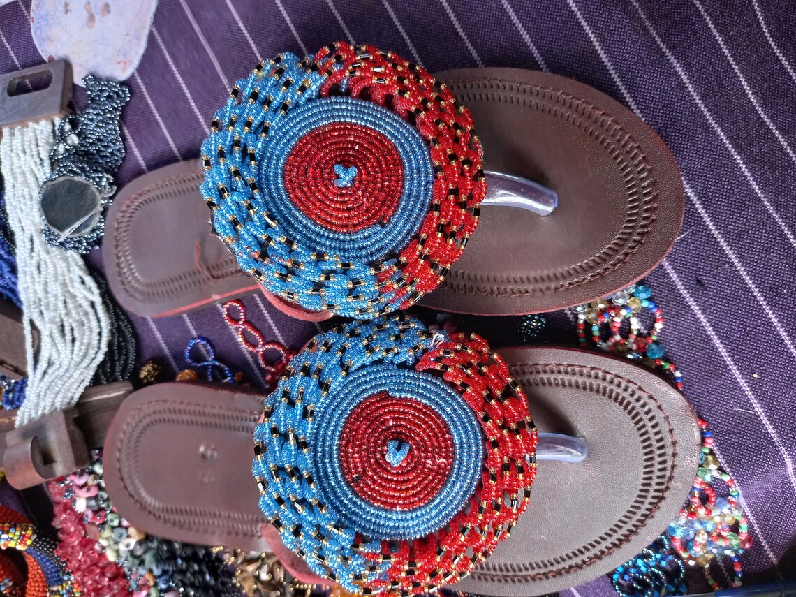 One toe leather beaded handmade Masai Sandals Blue main image 0