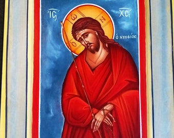 Jesus the Bridegroom Icon / Greek Byzantine Orthodox / Hand Painted Jesus Christ Nymphios with Crown of Thorns / Original Religious Art