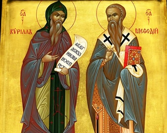 Saint Cyril and Methodius original Greek Byzantine Orthodox icon on wood, Equals of the Apostles, Apostles to the Slavs, Religious painting